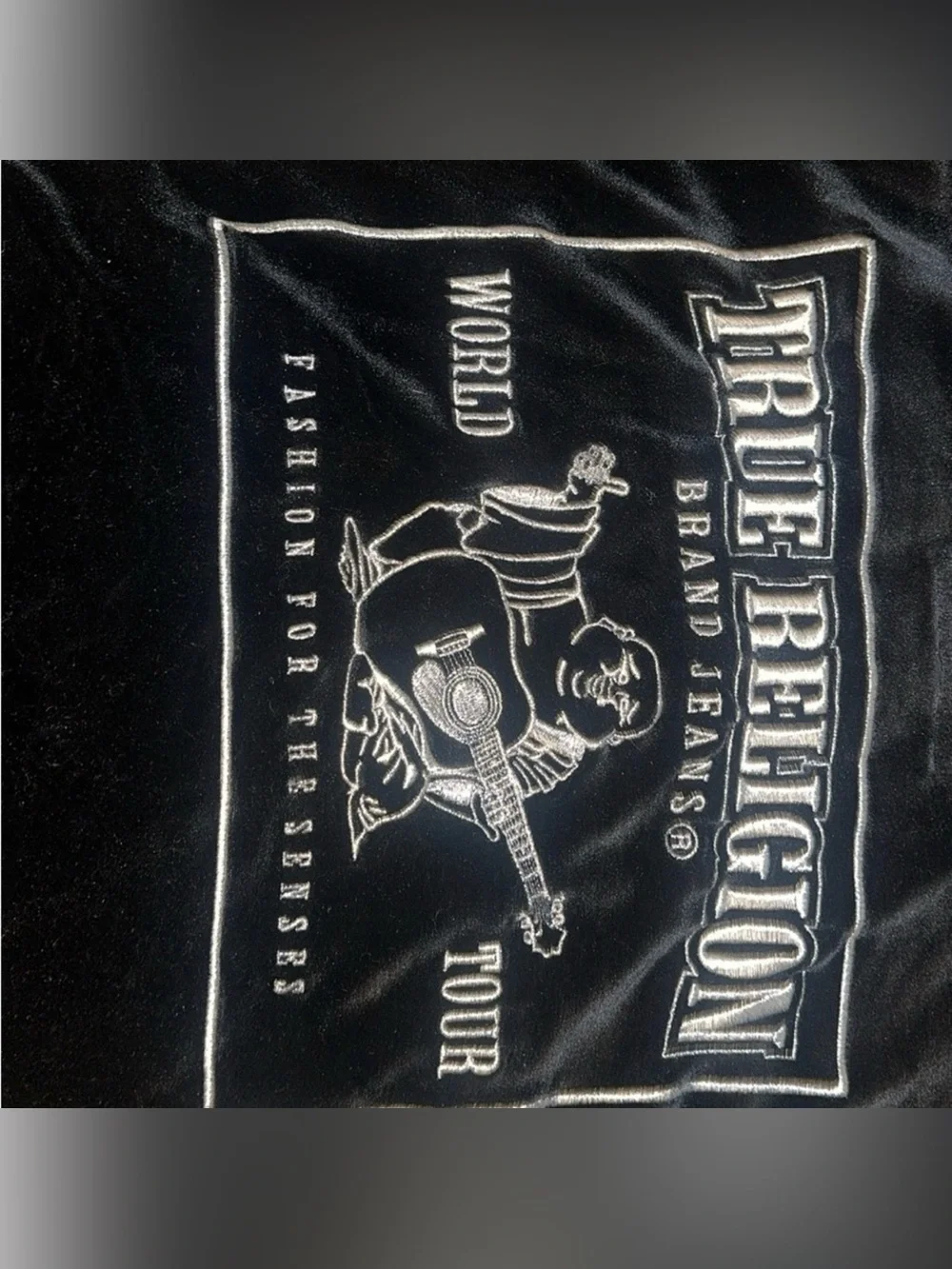 True Religion Black Velour Hoodie Jacket with World Tour Back Patch